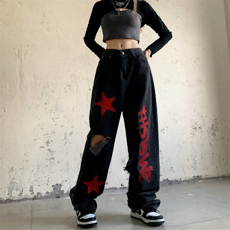 Jangj Alt Clothes Ripped Jeans Red Star Print Cargo Pants Goblincore Cyber Y2k Denim Wide Leg Pants Casual Straight Baggy Trousers