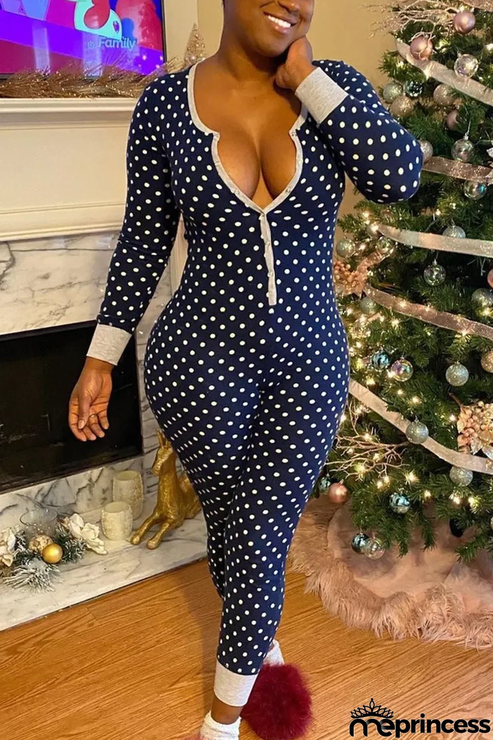 Blue Sweet Print O Neck Regular Jumpsuits