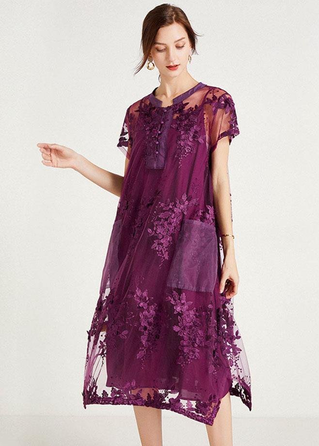 Bohemian Purple Fashion O-Neck A Line Summer Short Sleeve Two Pieces Set