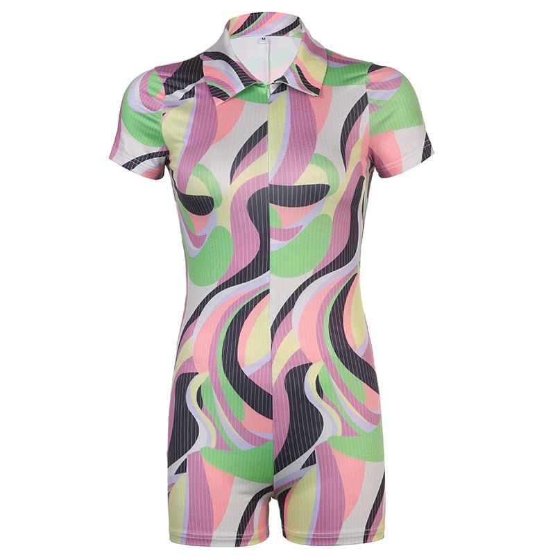 BIIKPIIK Color Blocking Printed Women's Playsuits Skinny Rompers Button Up Short Sleeve Overalls V Neck Cleavage Elegant Clothes