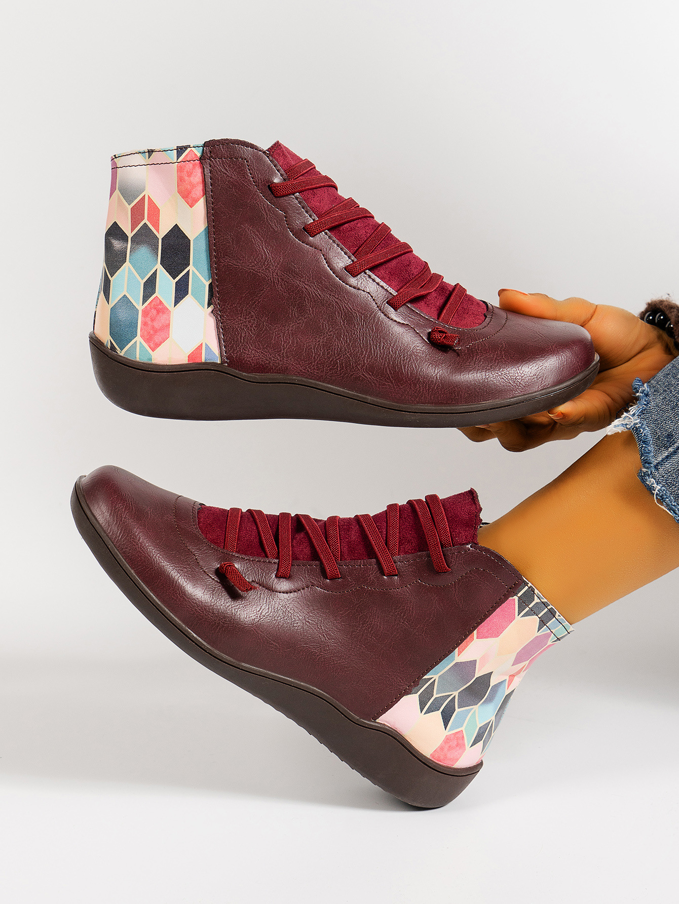 Retro Leather Flat Lace Up Mixed Color Ankle Boots