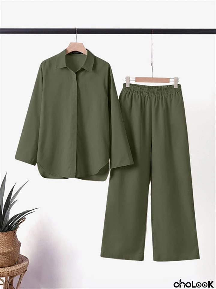 Super Soft Cotton Linen Lapel Long Sleeve Female Shirt+Loose Pants