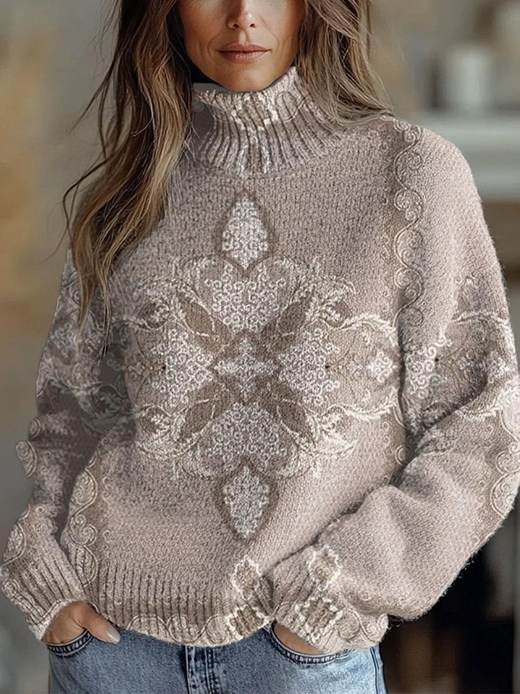 Vintage Symmetrical  Flowers Print Knit Turtleneck Pullover Sweater