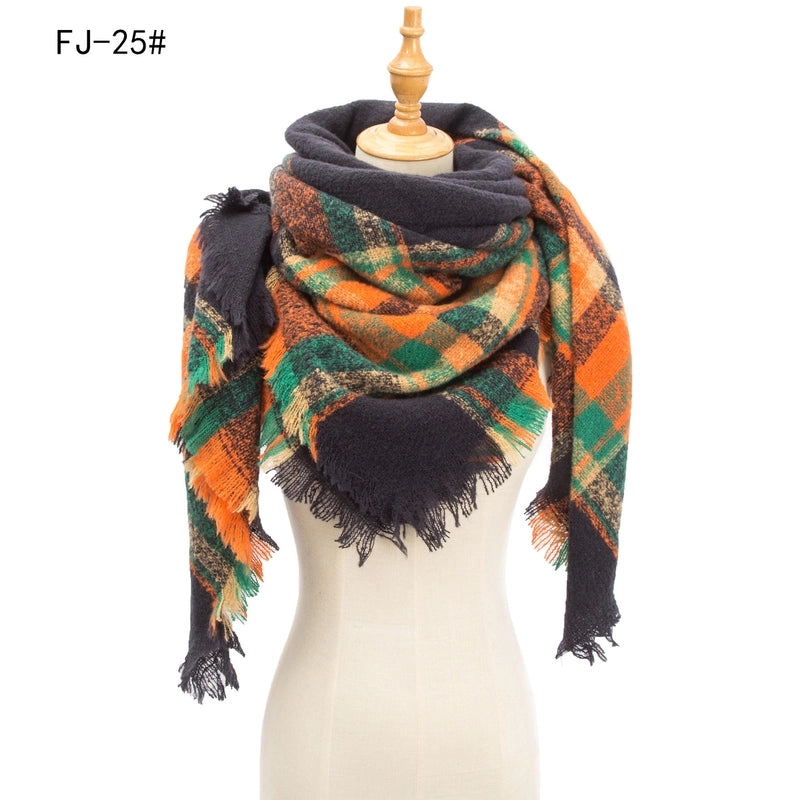 Hot Factory Direct Supply Autumn And Winter New Thickened Warm Circle Yarn Bristle Plaid Square Scarf For Women