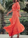 Plunging Backless Puff Sleeves Maxi Dress