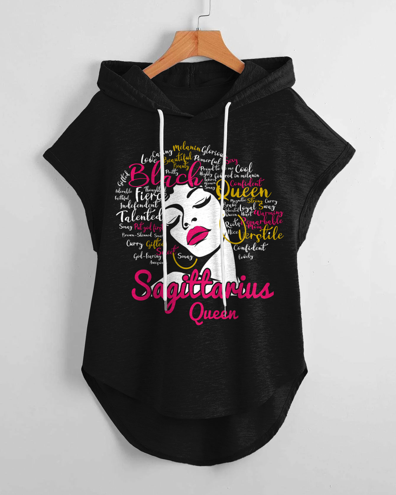 Sagittarius Black Queen Print Drawstring Hooded Tee