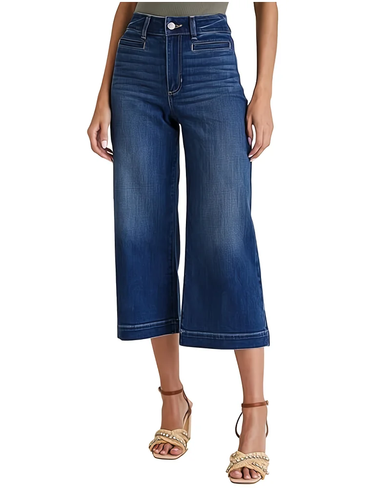 Women's High-Waisted Wide Leg Capri Jeans - Stretchy Denim With Pockets, Light Blue, Elegant Loose Fit For All Seasons, Casual Wear Jeans | Loose Fit Pants | Classic Wash Jean