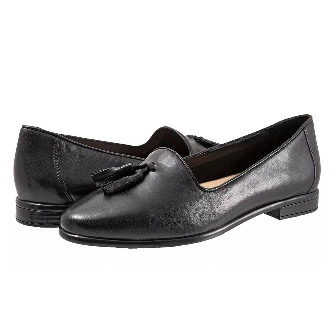 Black Vegan Leather Almond Toe Tassels Comfortable Flat Shoes Women