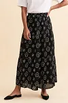 Black & White Floral Print Tiered Maxi Skirt, Cotton Elastic Waist Boho Long Skirt with Pockets, Casual A-Line Summer Skirt for Women