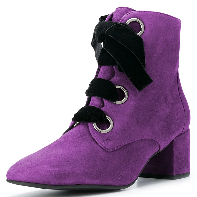 Purple Vegan Suede Lace Up Block Heels Ankle Boots |FSJ Shoes