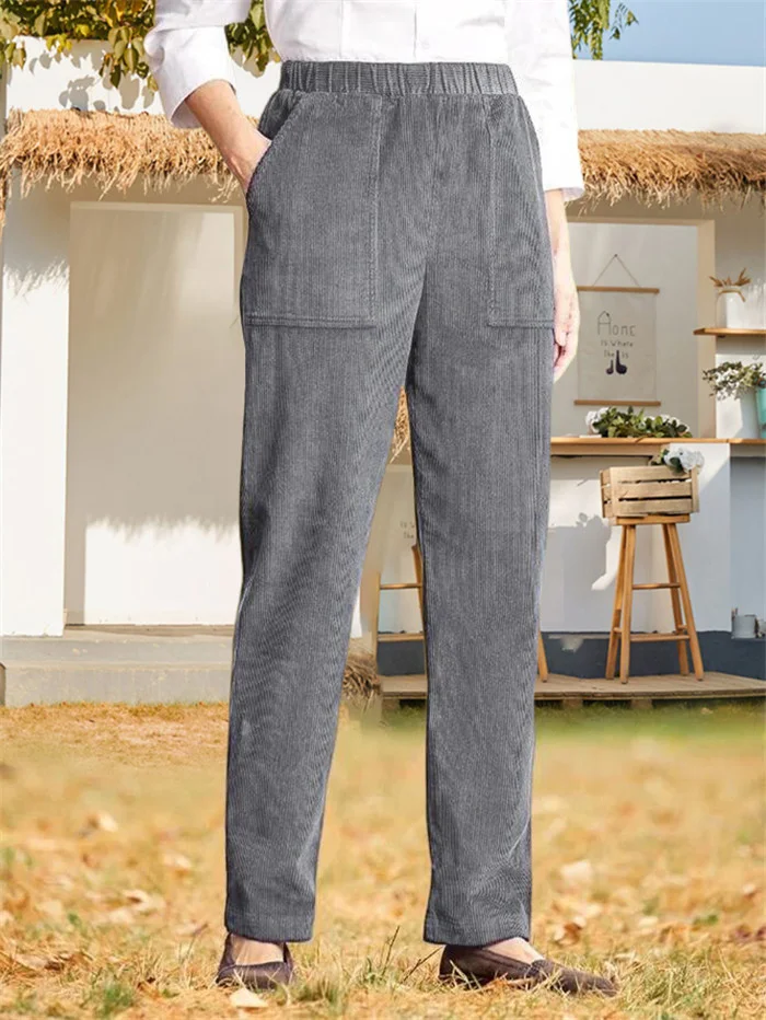 Women's Solid Color Elastic Waist Corduroy Straight Leg Casual Pants-Buy 3 Get Free Shipping