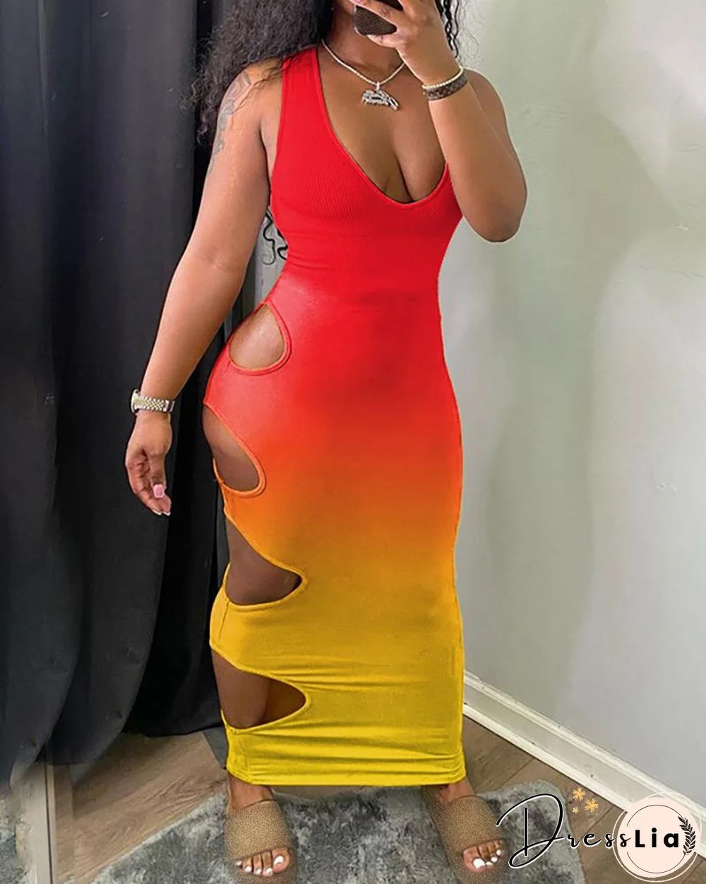 Ombre Colorblock Cutout Sleeveless Maxi Dress