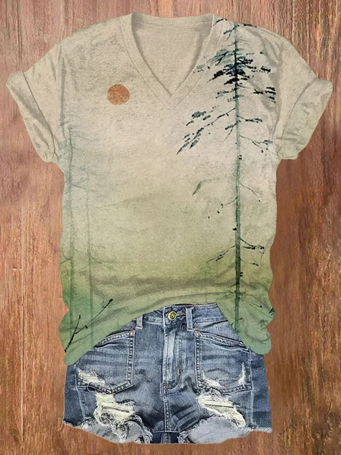 Women's Mountain Sunrise Painting Art Print V Neck T-Shirt
