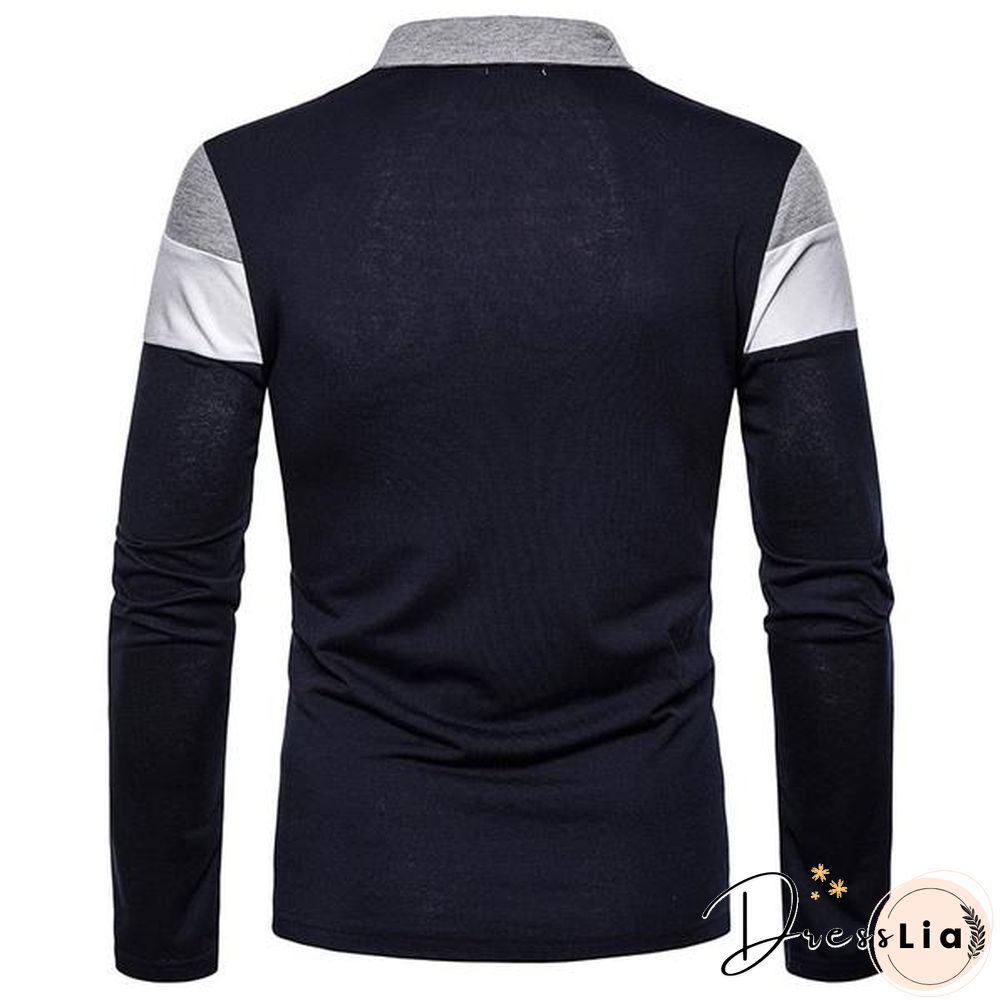 Fashion Men Lapel Long Sleeve Tri-color Striped Stitching Shirts