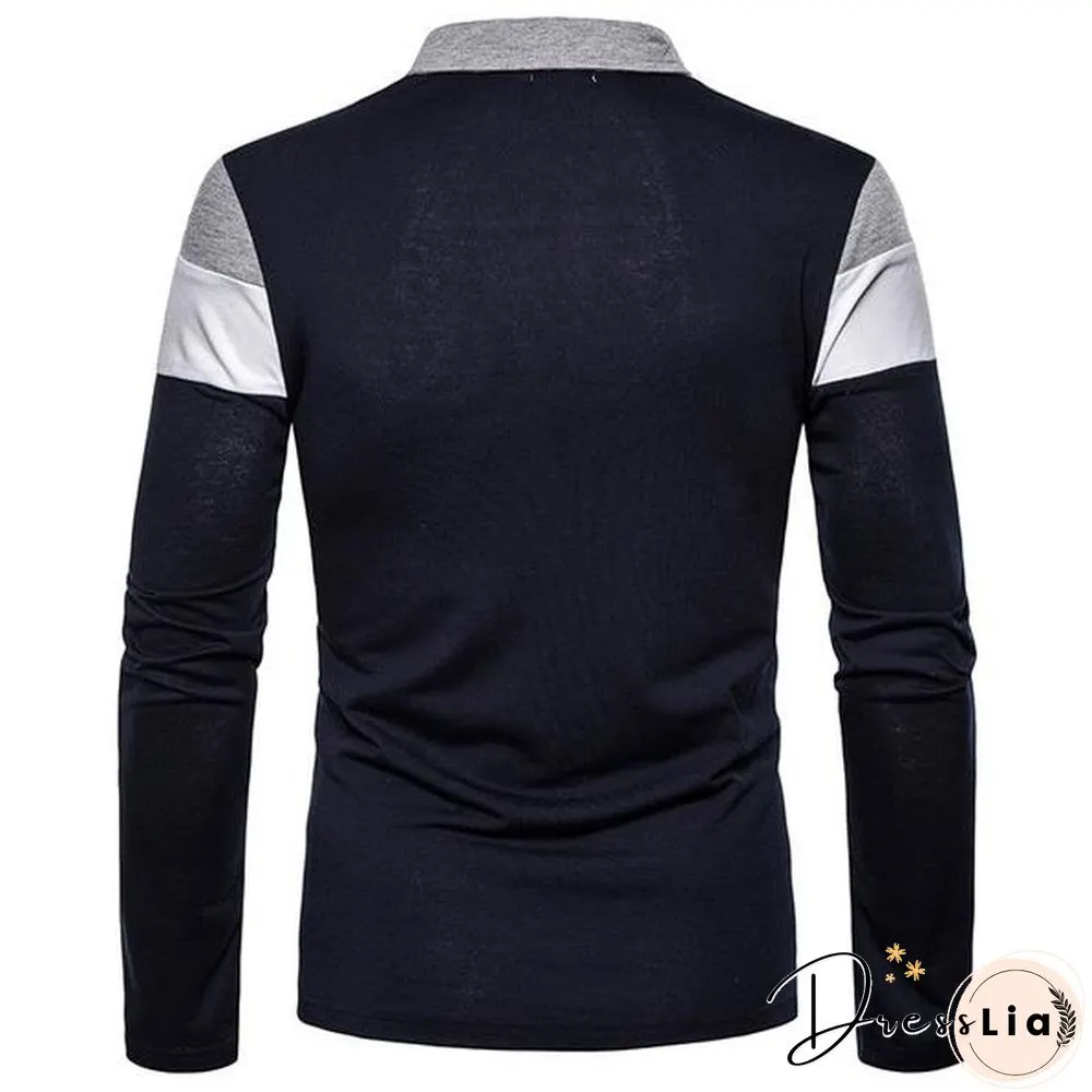 Fashion Men Lapel Long Sleeve Tri-color Striped Stitching Shirts