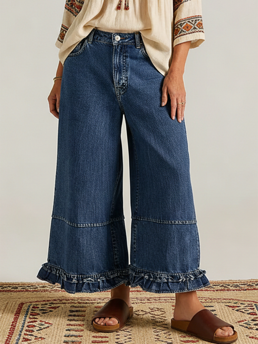 denim wide-leg casual patchwork python pants | wide... Casual Cozy Ruffled Details Denim Wide-leg Pants