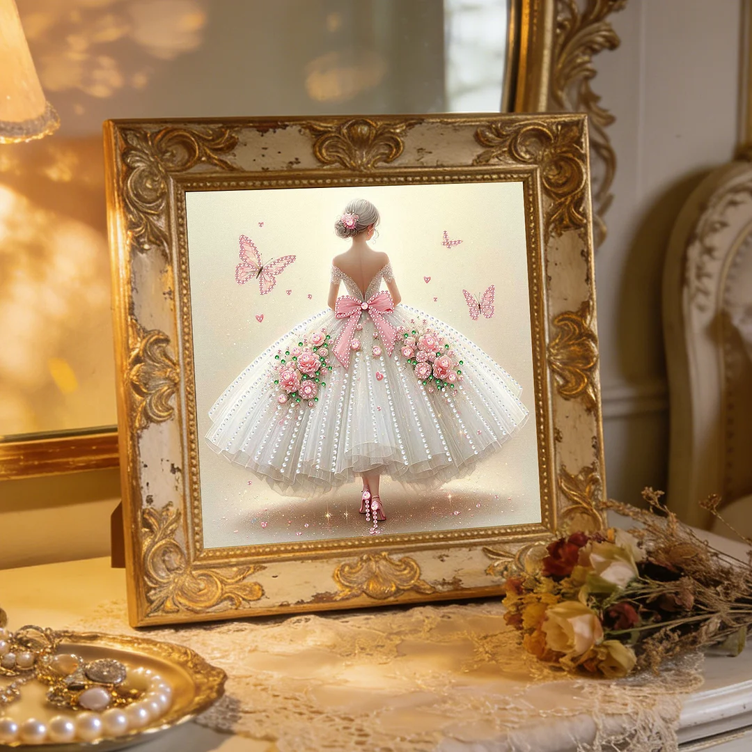 Diamond Painting - Partial Special Shaped Drill - Pink Butterfly Gown(Canvas|30x30cm)