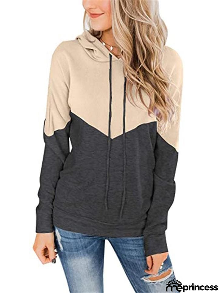 Women Color Block Drawstring Long&nbsp;Sleeve Pullover Hoodie