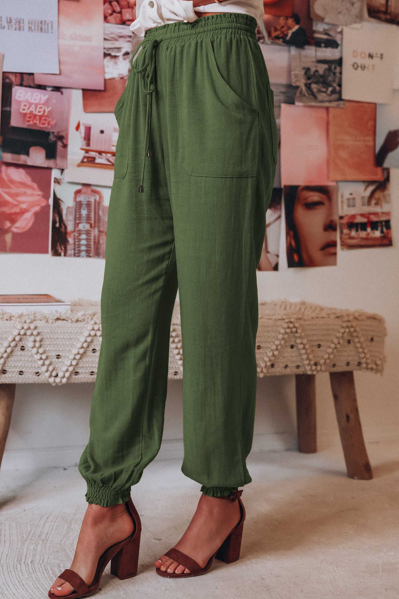 Spring Summer Women Clothing Solid Color Rayon Comfort Casual Trousers Drawstring Elastic Waist Harem Pants