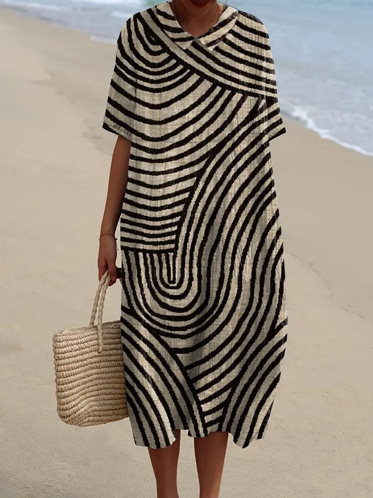 Women's Retro Hand Drawn Geometric Line Print Pocket Linen Dress（Convertible Dress With Front And Back Option）