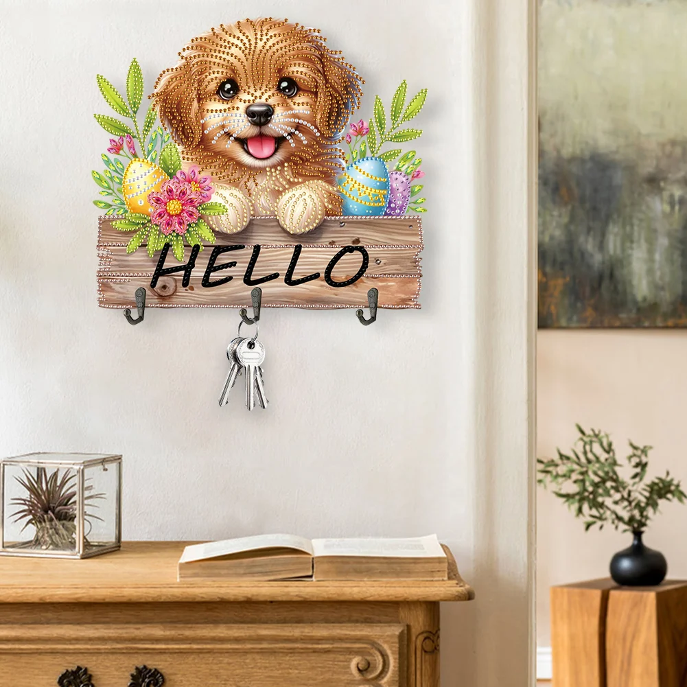 5D DIY Hello Dog 3 Hooks Special Shape Diamond Painting Wooden Hook Rail for Wall