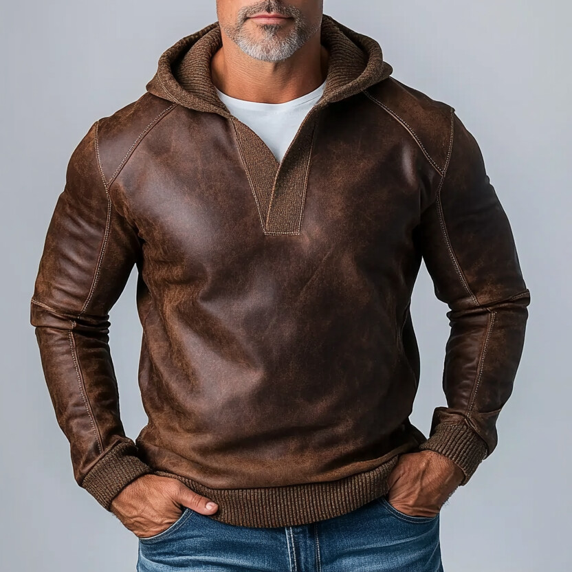 Men's PU Leather Solid Long Sleeve Hoodie
