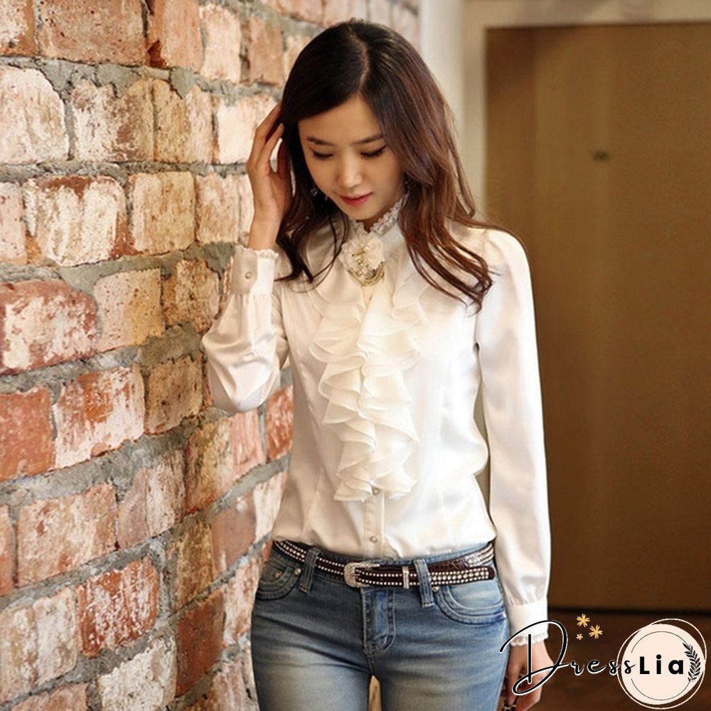 Womens Satin Silk-like Long Sleeve Office Slim Shirt Frill Drape Ruffle Trim Stand Collar Blouse Top