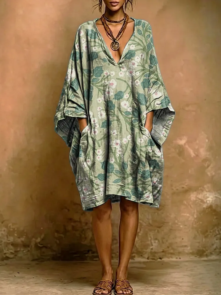 Women's Vintage Floral Print Short-sleeve Cotton-linen Dress