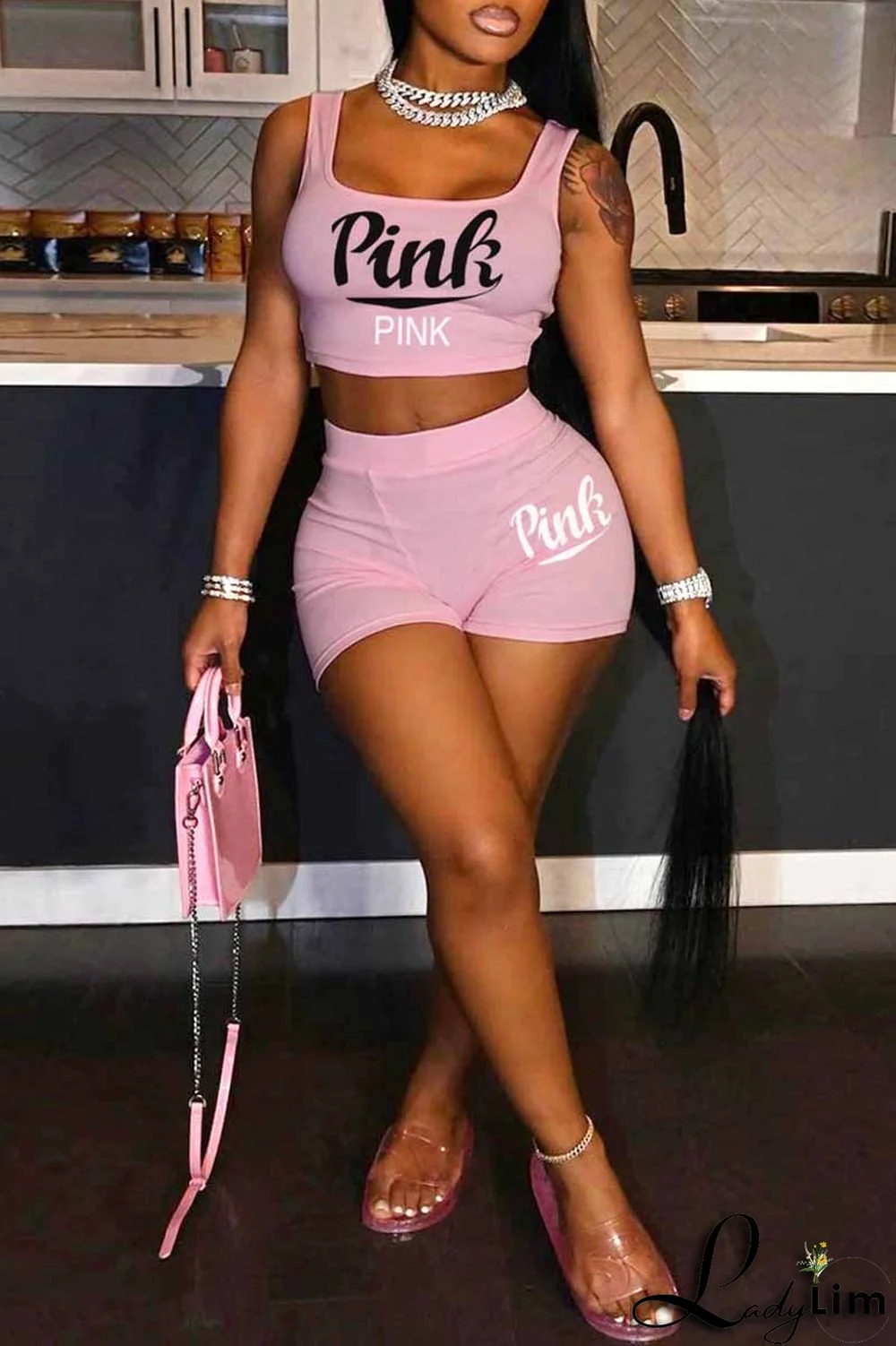 Royal Blue Sexy Casual Letter Print Basic U Neck Sleeveless Two Pieces