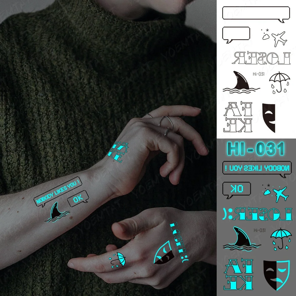 Blue Luminous Glow Tattoo Sticker Mountain Moon Waterproof Temporary Tatoo Nature Forest Sea Fake Tatto For Body Art Women Men