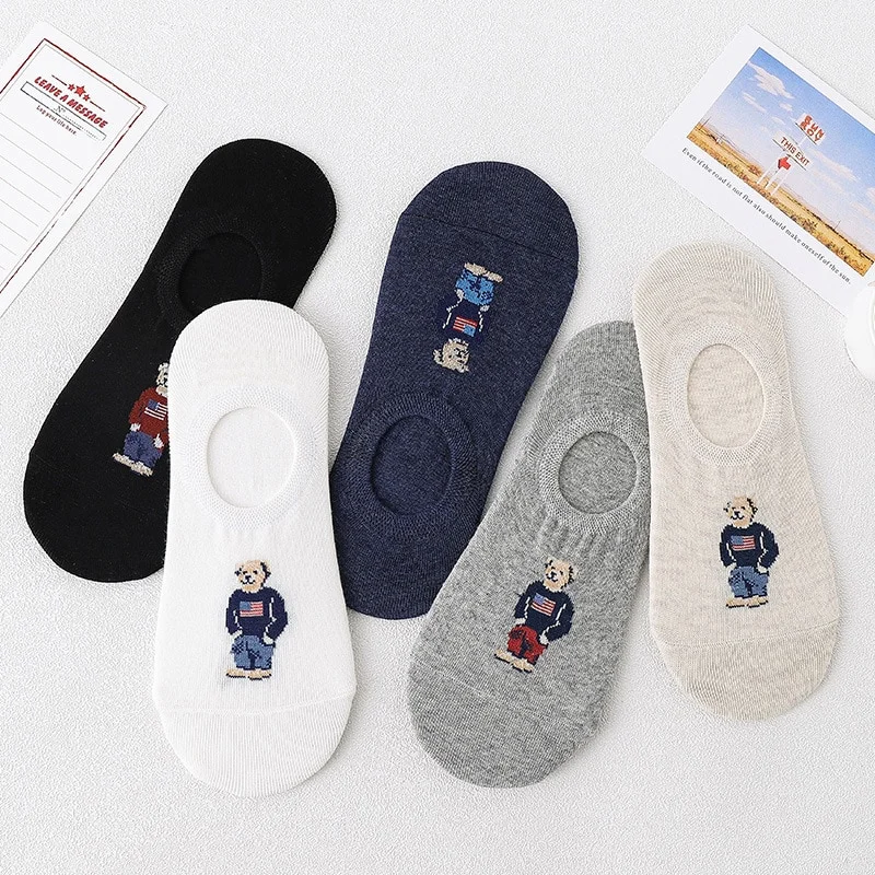 Billionm Pairs of 5 Colors Summer New Cartoon Bear Thin Cotton Men's Invisible Light Breathable Sweat-absorbent Boat Socks Personality