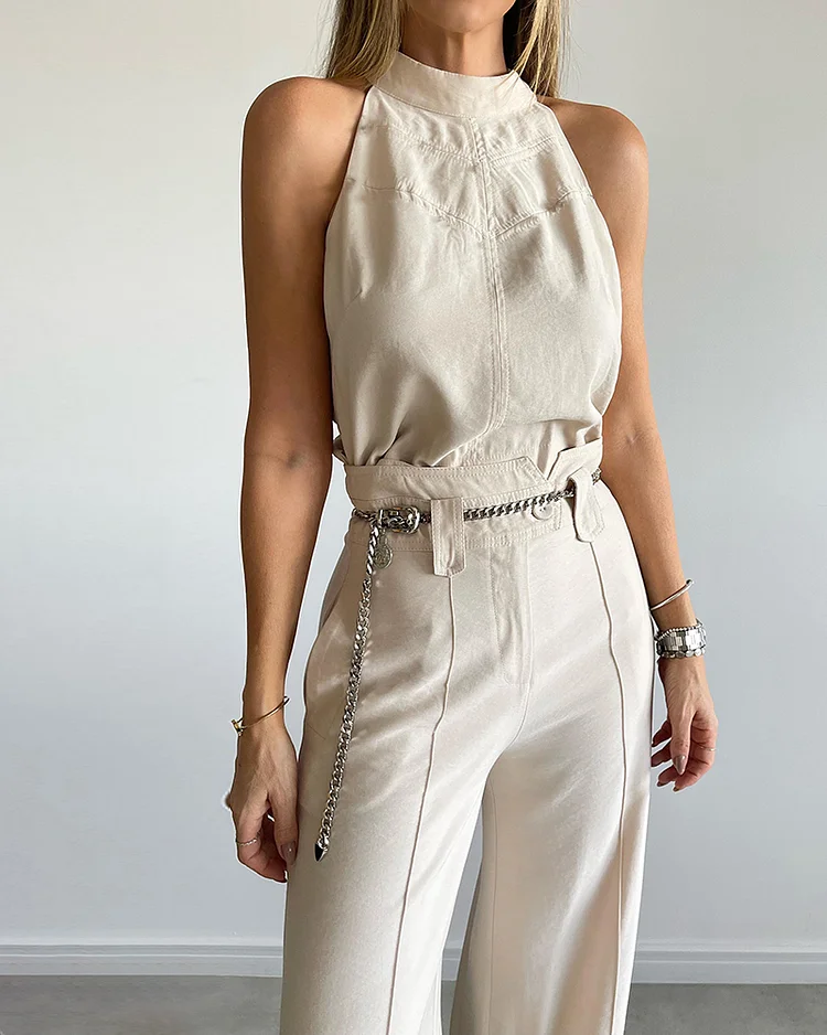 Round Neck Sleeveless Top and Trousers Two-piece Suit Without Waist Chain and Decoration