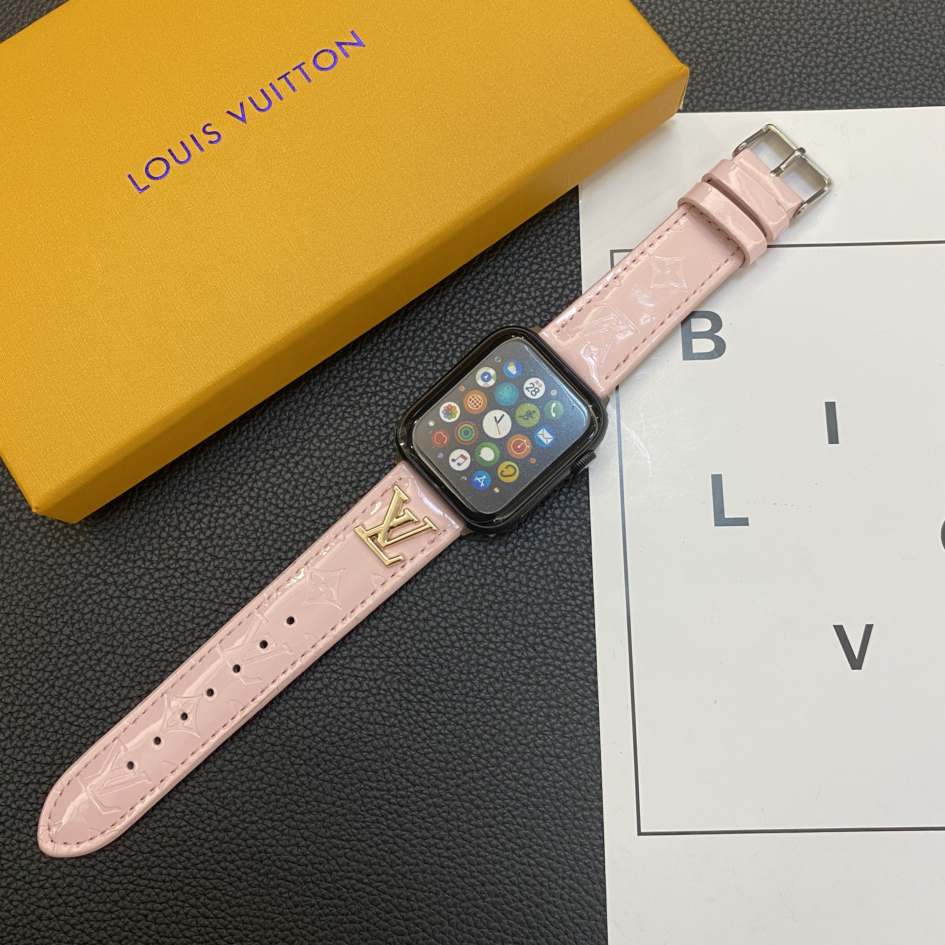 LV Glossy Leather Apple Watch Strap Luxury Metal Logo