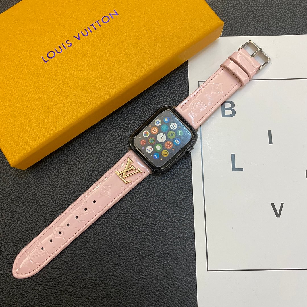 LV Glossy Leather Apple Watch Strap Luxury Metal Logo