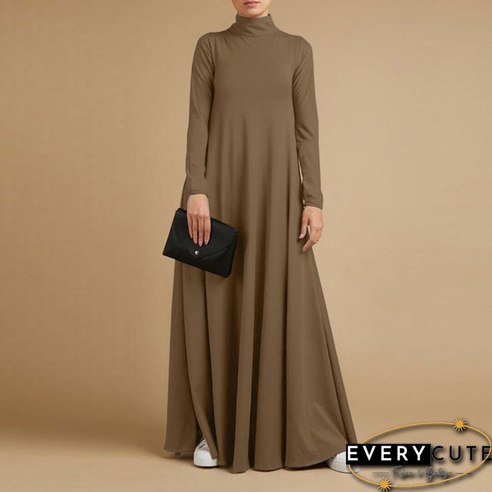 Women Autumn Elegant Plain Kaftan Long Shirt Dress Turtleneck Loose Full Sleeve Midi Dress Plus