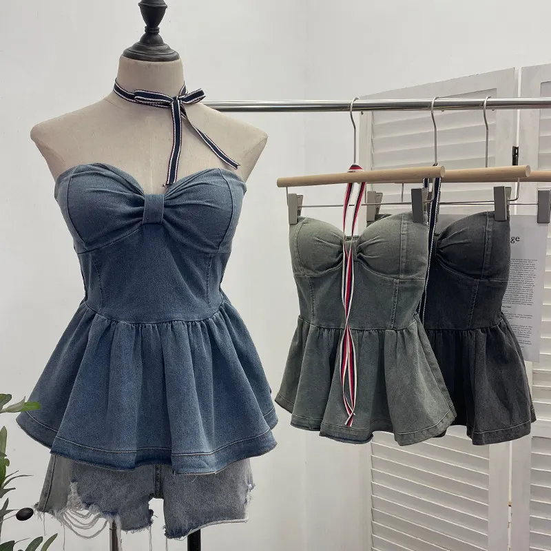 Churchf Real Shot With Chest Cushion Denim Sling Vest With Bow Hanging Neck Short Twiping Boat Blouse Woman 2611