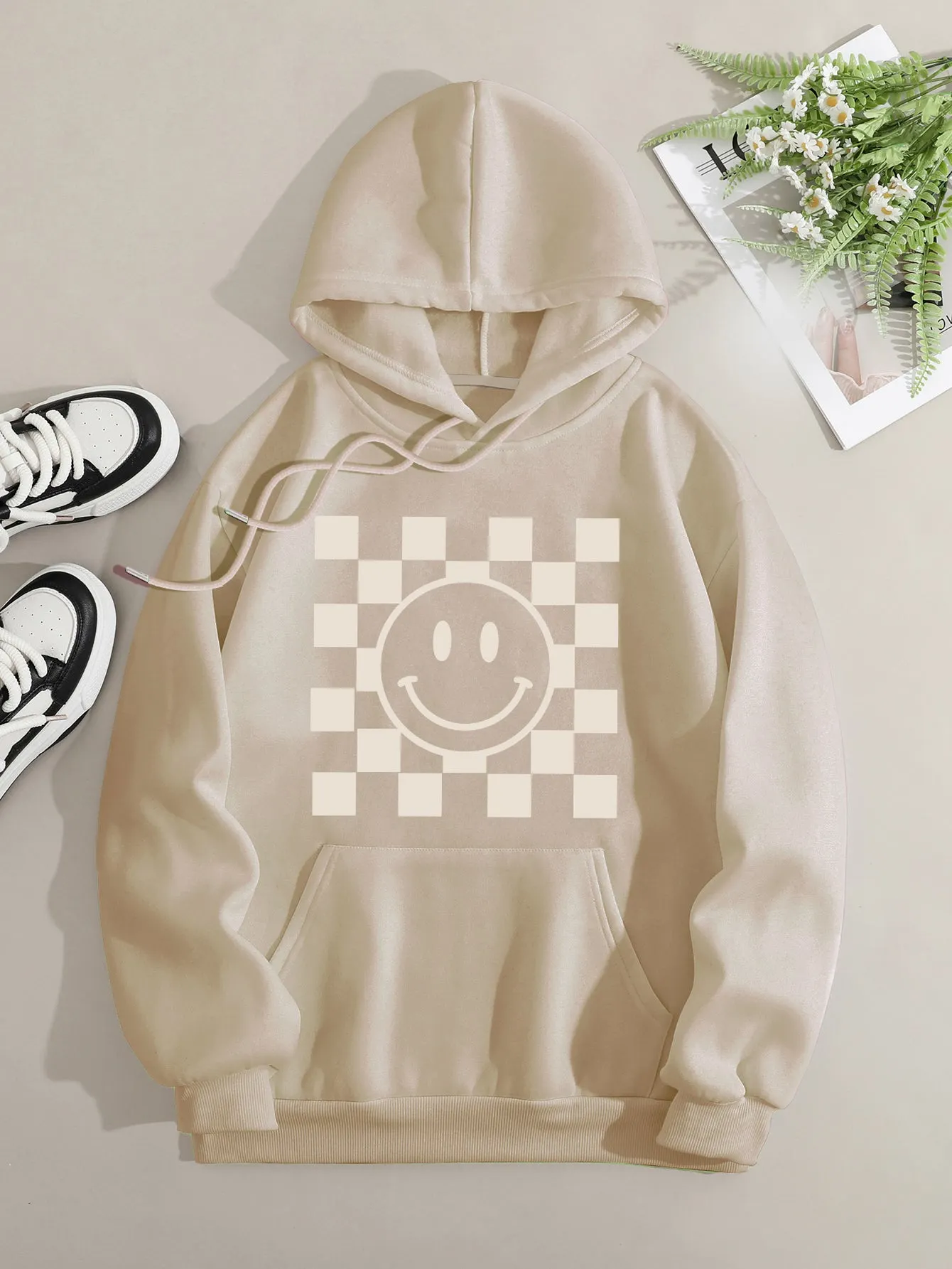 Printed on front Kangaroo Pocket Hoodie Long Sleeve for Women Pattern Smile Face