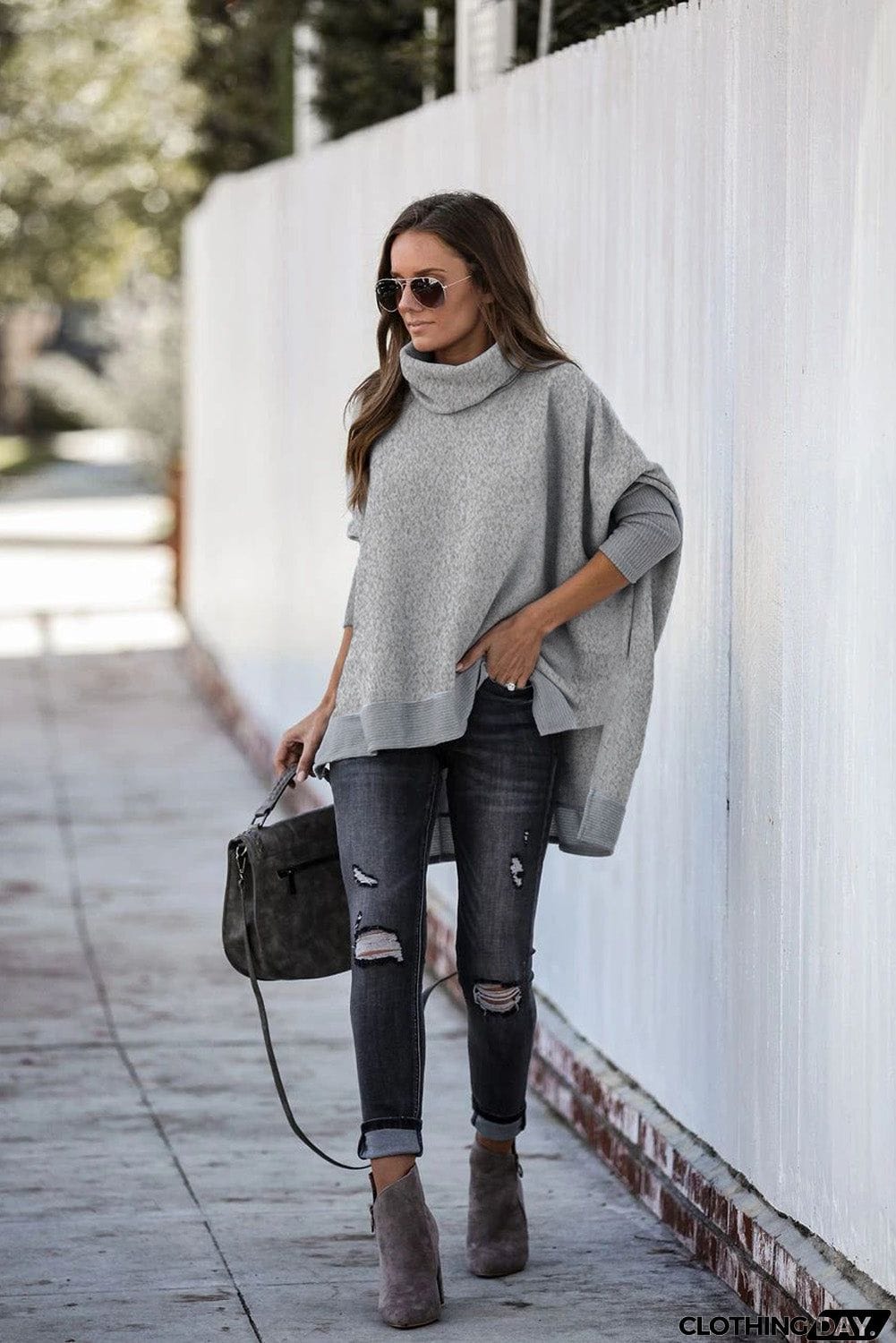 Turtleneck Bat Sleeve Side Slit Tunic Top