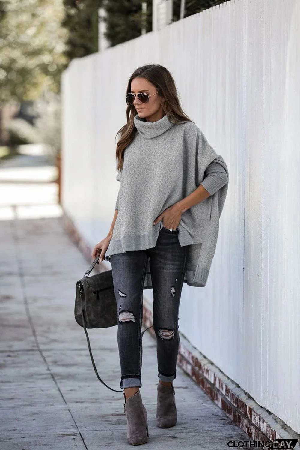 Turtleneck Bat Sleeve Side Slit Tunic Top