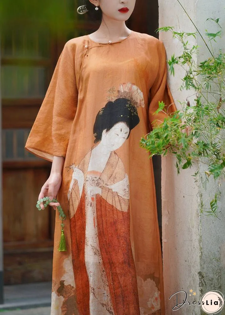 New Orange Button Print Cotton Maxi Dresses Bracelet Sleeve