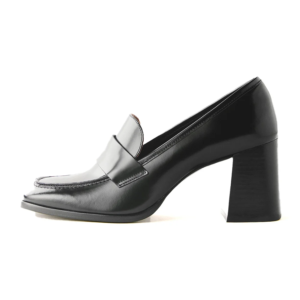Black Leather Square Toe Chunky Heel Loafers for Women Nicepairs