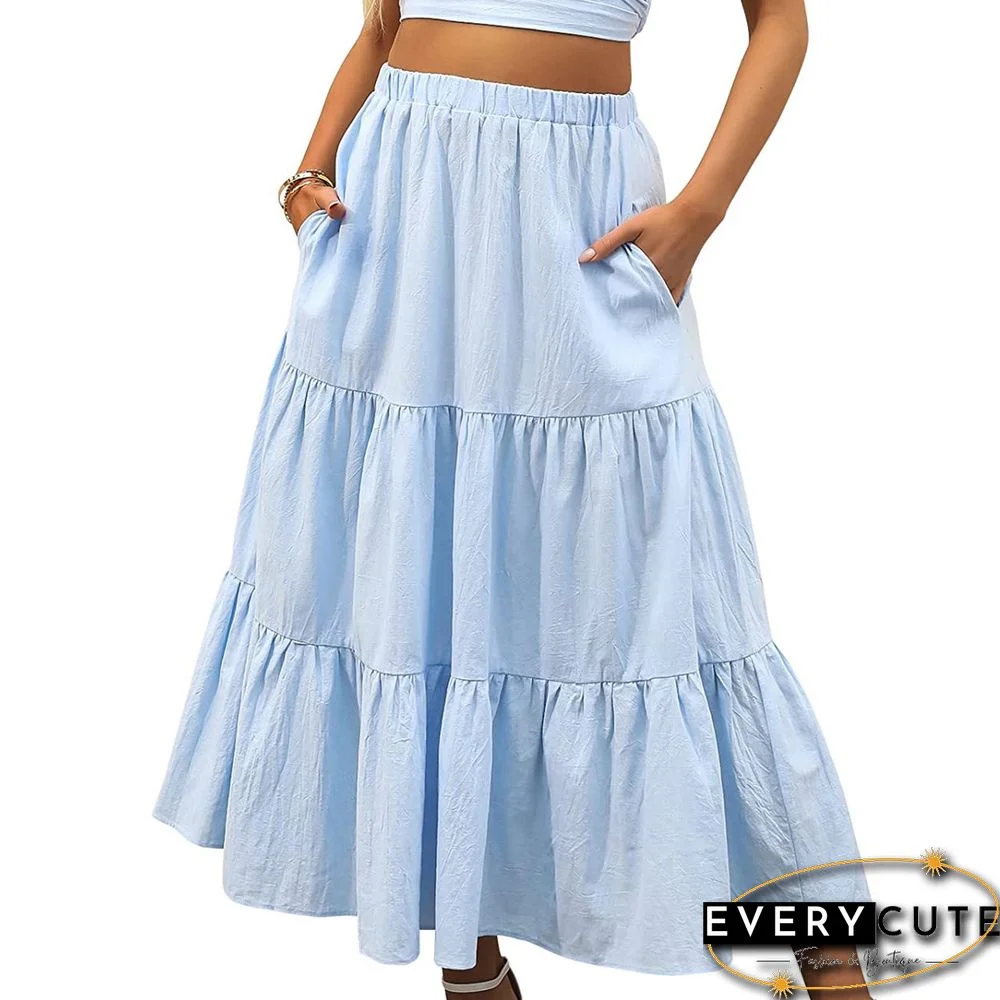 Light Blue Cotton Blend Swing Maxi Skirt with Pockets