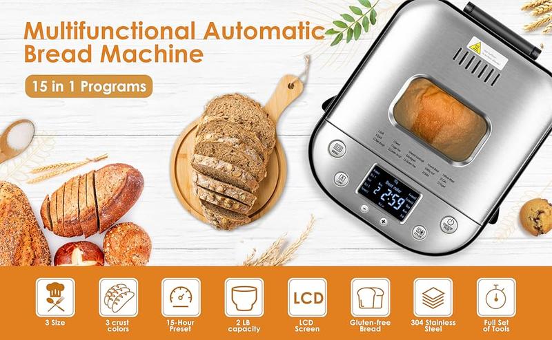 Product Introduction of Automatic Bread Maker, 2LB 1.5LB 1LB Bread Maker Machine with with Gluten-Free Setting, 15-in-1 Stainless Steel Bread Maker with Recipes 0