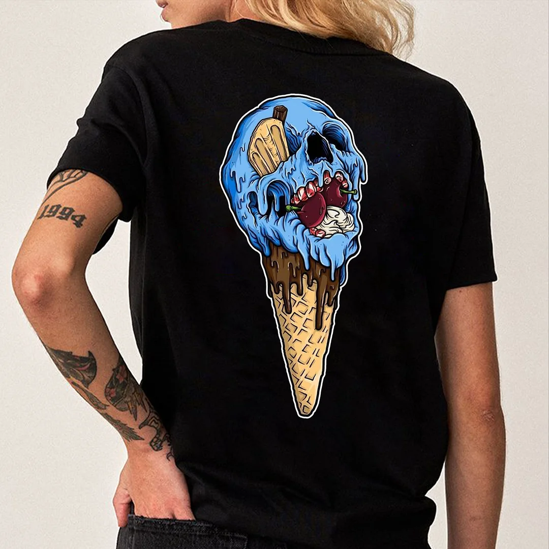 Blue Skull Ice Cream Black Print T-shirt