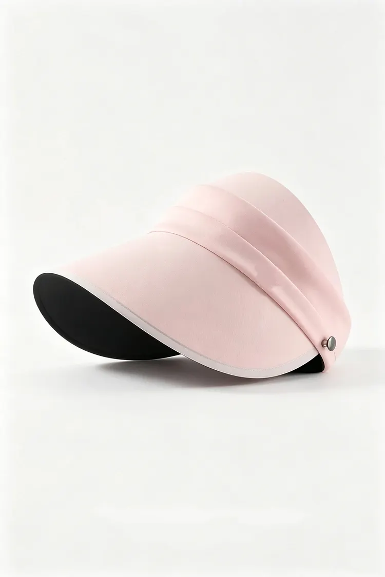 Oversized-brim pink sun visor with black anti-UV coating and mask attachment clips
