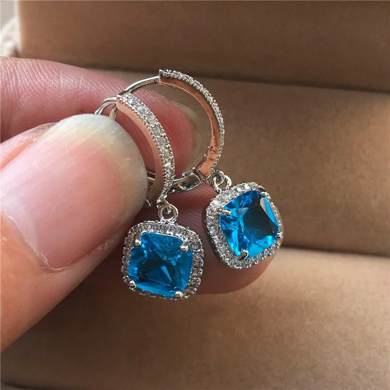 Luxury Female Pink Blue Zircon Stone Earrings Elegant Square Hoop Earrings For Women Silver Color Wedding Earrings