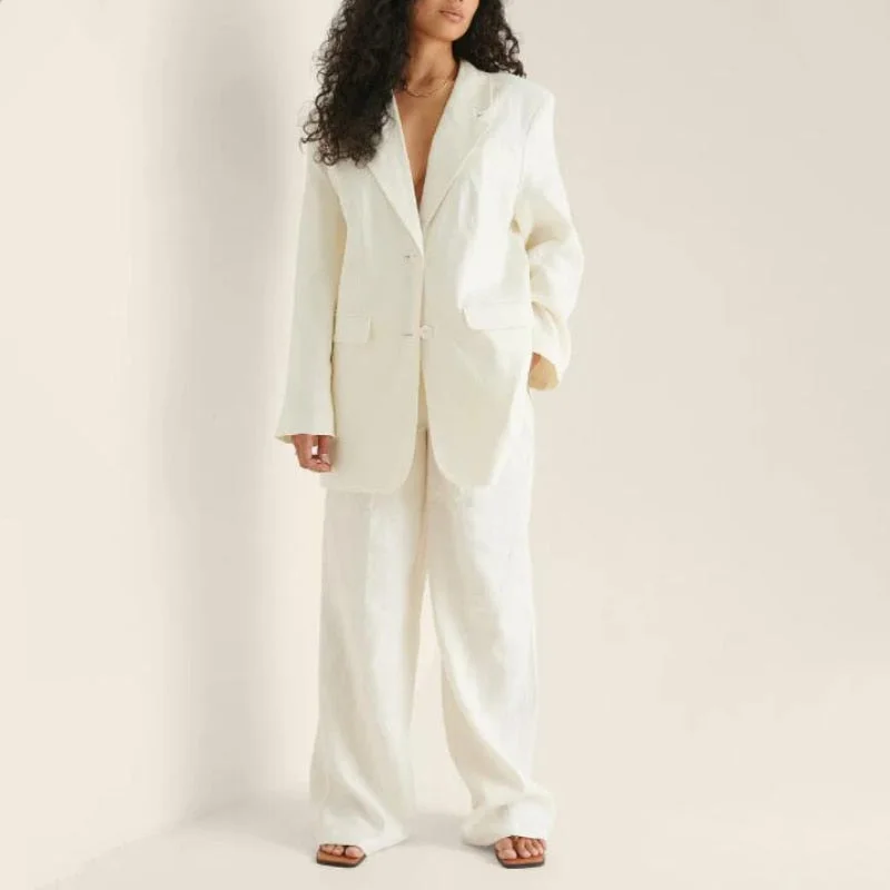 Msfancy Suit Set Women 2021 White Single Breasted Long Blazer High Waist Wide Leg Trouser Vintage 2 Piece Sets Mujer Suit