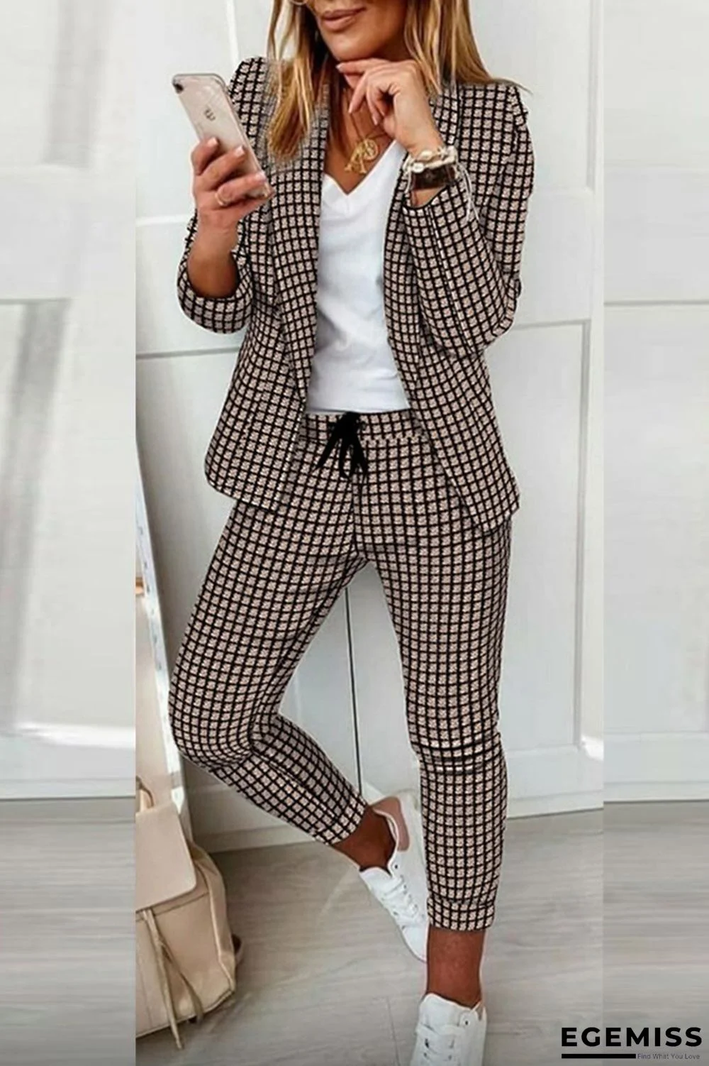 Black khaki Casual Print Patchwork Turndown Collar Long Sleeve Two Pieces | EGEMISS