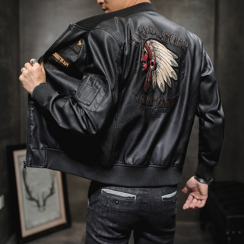 Men's Pu Leather Baseball Collar Embroidered Motorcycle Jacket