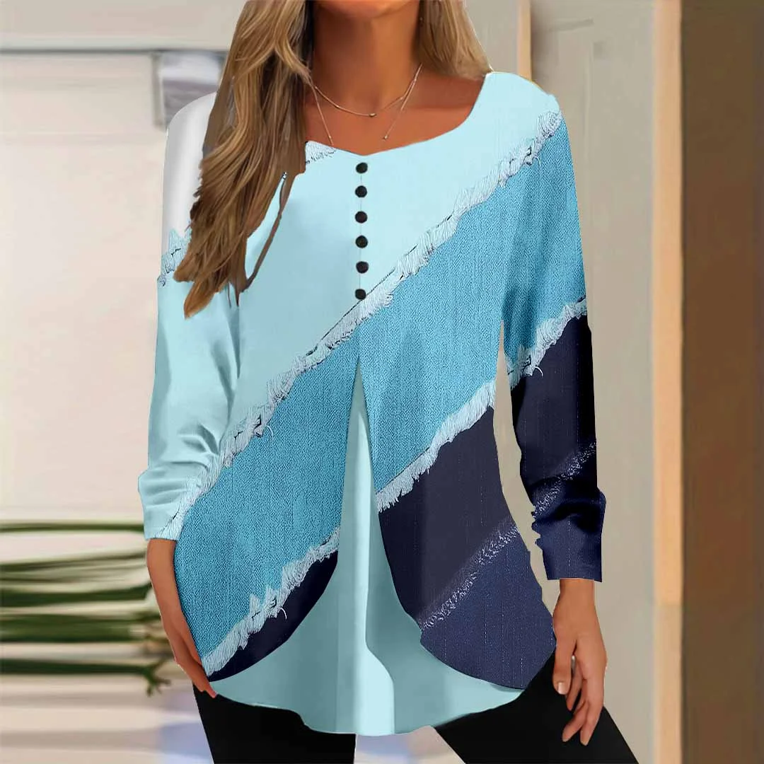 Women Striped,Colorblock,Blue DZGG8021 Long Sleeve Scoop Neck Printed Graphic Button Fake 2in1 Tops